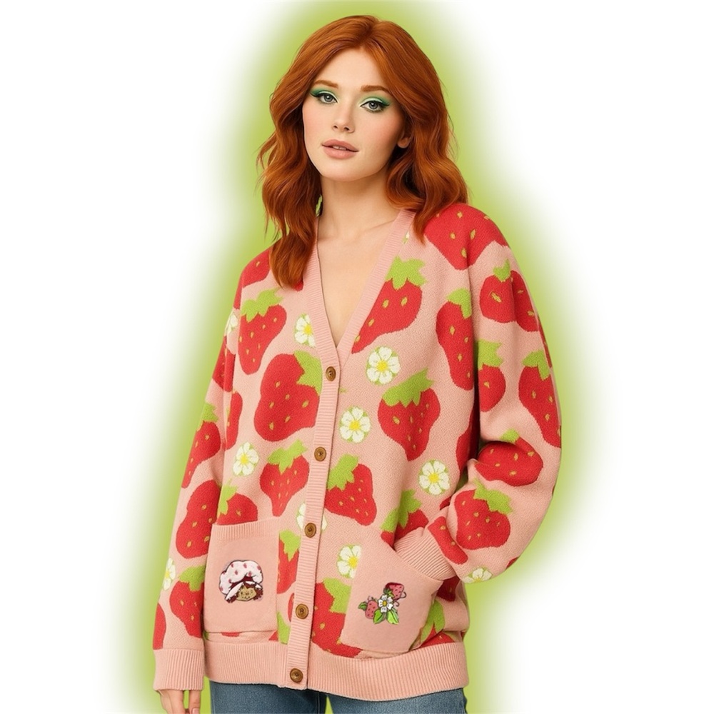 Strawberry Shortcake Allover Strawberry Print Women's Cardigan (Medium)